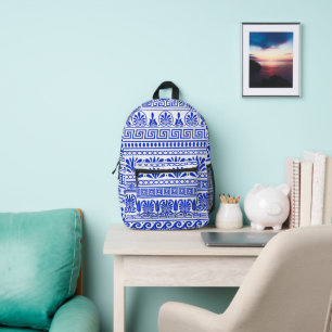 Griechisches Mäander, Mittelmeer-Muster, Blau Bedruckter Rucksack
