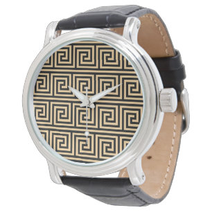 Griechisches Mäander-Schlüssel-Quadratmuster Braun Armbanduhr