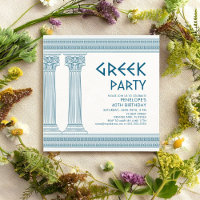 Griechisches Party Einladung mit blauen Säulen und