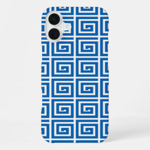 Griechisches Schlüsseldesign - blau-weißes Emaille iPhone 16 Plus Hülle