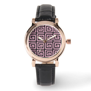 Griechisches Schlüsseldesign - rosa und schwarze E Armbanduhr
