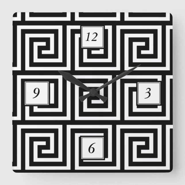 Griechisches Schlüsselschwarzweiss-muster Quadratische Wanduhr (Vorderseite)