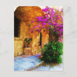 Griechisches Steinhaus - alte Holztür Bougainville Postkarte