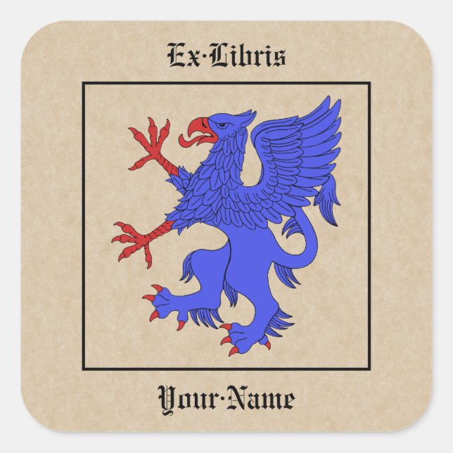 Griffin Rampant Azure Buchzeichen Quadratischer Aufkleber (Vorderseite)