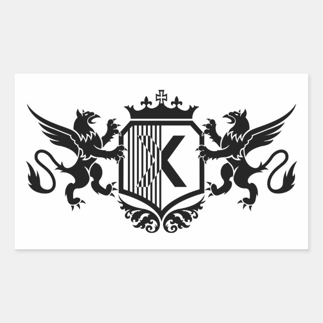 Griffins flankieren ein Schild mit dem Buchstaben  Rechteckiger Aufkleber (Vorderseite)