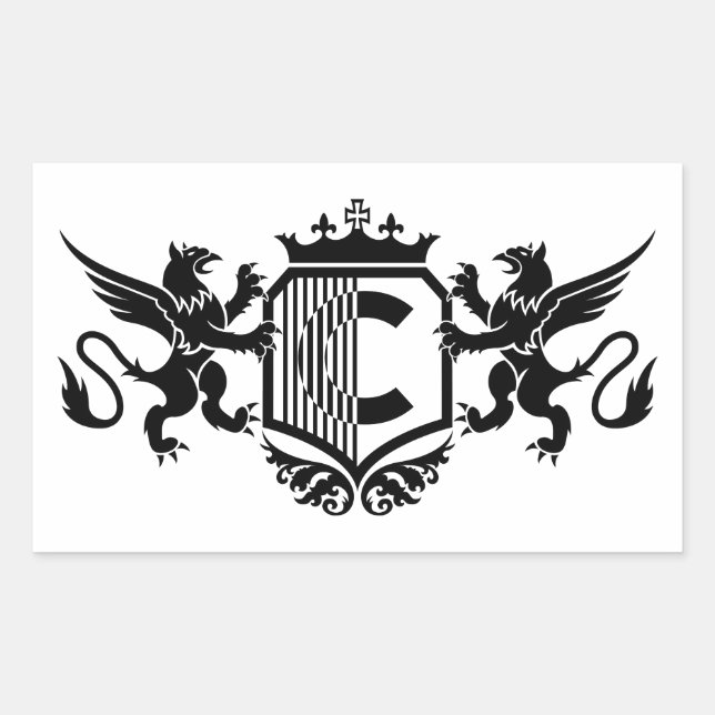 Griffins flankieren ein Schild mit dem Buchstaben  Rechteckiger Aufkleber (Vorderseite)