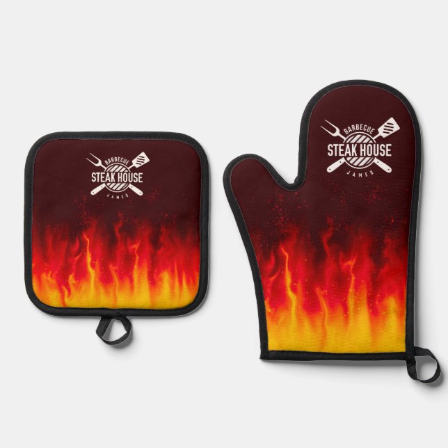 Grill-Flammen — Personalisiertes Steak House Ofenhandschuh & Topflappen-Set (Vorderseite)