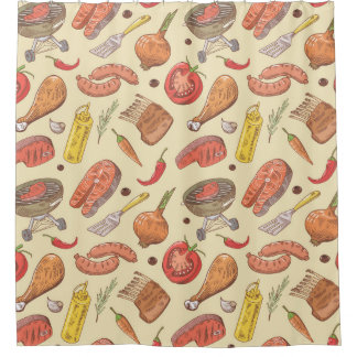 Grill, Grill, handgezeichnet, nahtloser Hintergrun Duschvorhang