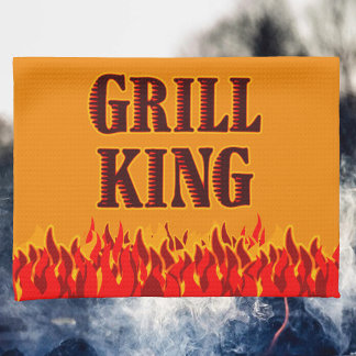 Grill King Rote Flammen auf dunkelgelbem Küchenhan Geschirrtuch