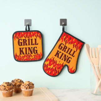 Grill King Rote Flammen Grillfest BBQ Spruch Ofenhandschuh & Topflappen-Set