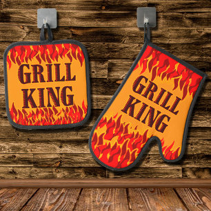 Grill King Rote Flammen Grillfest BBQ Spruch  Ofenhandschuh & Topflappen-Set