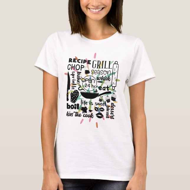 Grill Kitchen Bake Koch Word Art Explosion T-Shirt (Vorderseite)
