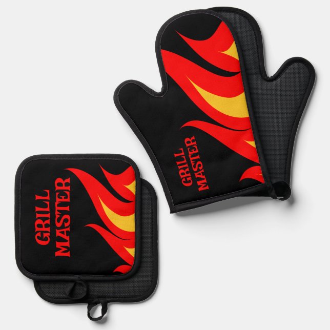 Grill Master GRILLEN Feuer Flammen personalisiert Ofenhandschuh & Topflappen-Set (Vorderseite/Rückseite)
