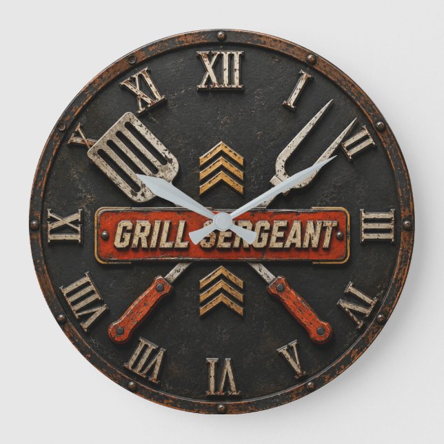 Grill Sergeant Funny BBQ Grill Master Man Cave  Große Wanduhr (Vorderseite)