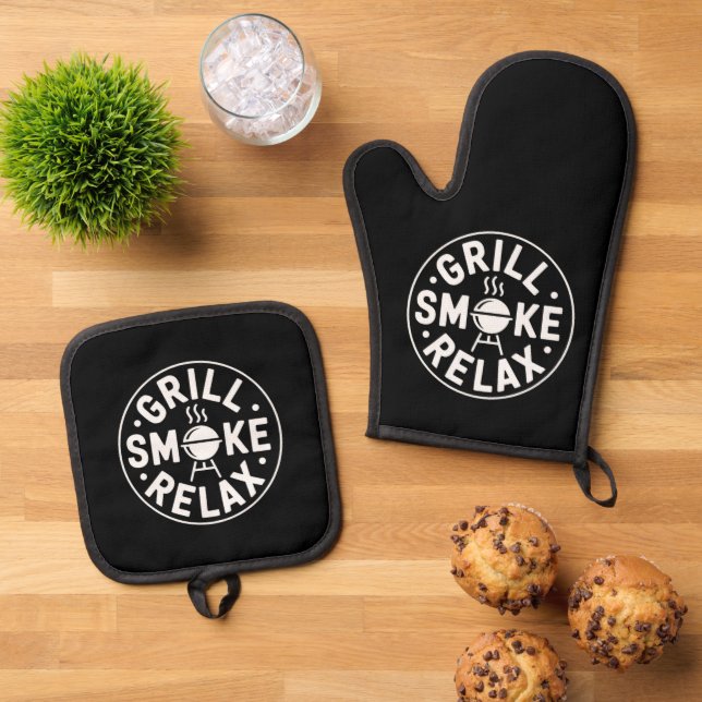 Grill Smoke Relax BBQ Quote Ofenhandschuh & Topflappen-Set (Oben Unten)