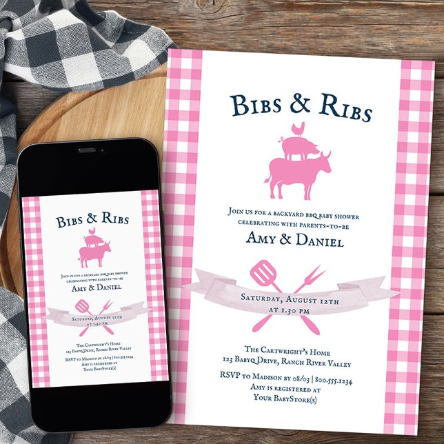 GRILLEN Baby Dusche Rustikal Vintag rosa Kariert Einladung (Bibs & Ribs girls backyard bbq baby shower invite from my rustic farmhouse BBQ collection
)
