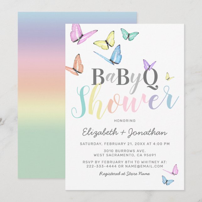 GRILLEN Baby Shower | Pastel Rainbows Barbecue Einladung (Vorne/Hinten)