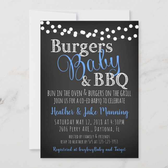GRILLEN Burgers Baby Coed Boy Baby Shower Einladun Einladung (Vorderseite)