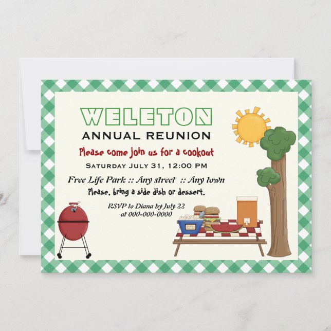 GRILLEN Cookout Family Wiedersehen, grüne Gingham- Einladung (Vorderseite)