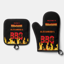 Grillen des Grillmeisters (Ihres Namens) Ofenhandschuh & Topflappen-Set