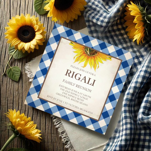 GRILLEN Einladung Gingham Print (Family reunion invitations sunflower and blue gingham print.)