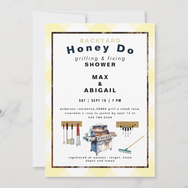Grillen & Fixieren der Dusche für gelbe Paare Einladung (Vorderseite)