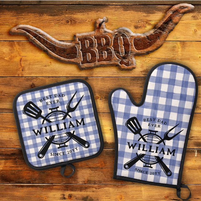 Grillen Grill Blue Gingham: Bester Vater je Vatert Ofenhandschuh & Topflappen-Set (Von Creator hochgeladen)