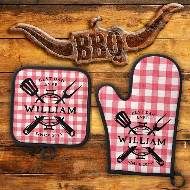 Grillen Grill Red Gingham zum besten Vater je Vate Ofenhandschuh & Topflappen-Set (Von Creator hochgeladen)