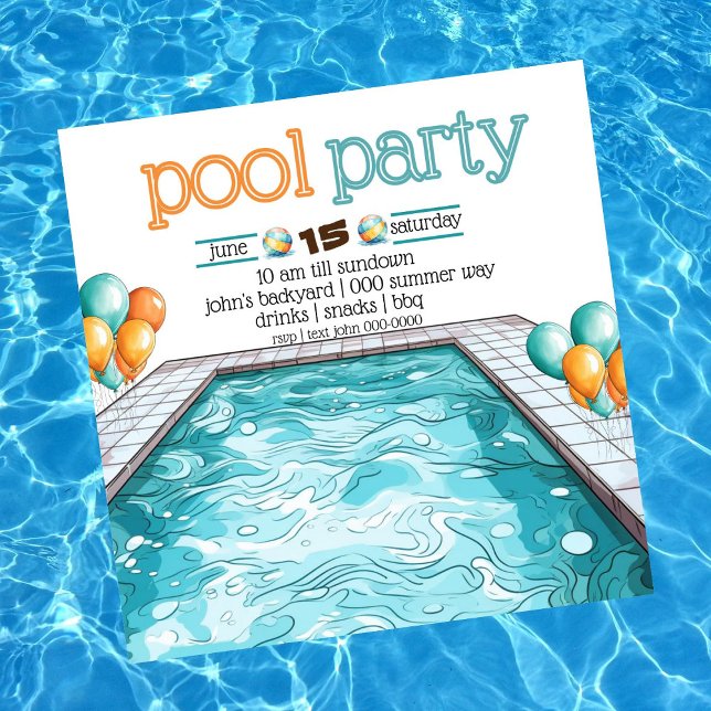 Grillen im Garten und Party im Pool | Orange Einladung (Fun and colorful pool party customizable invitation with aqua and orange balloons. )