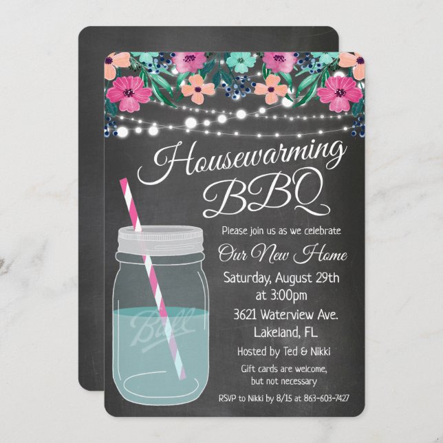 Grillen Mason Jar Einladung zur Haushaltserwärmung (Vorne/Hinten)