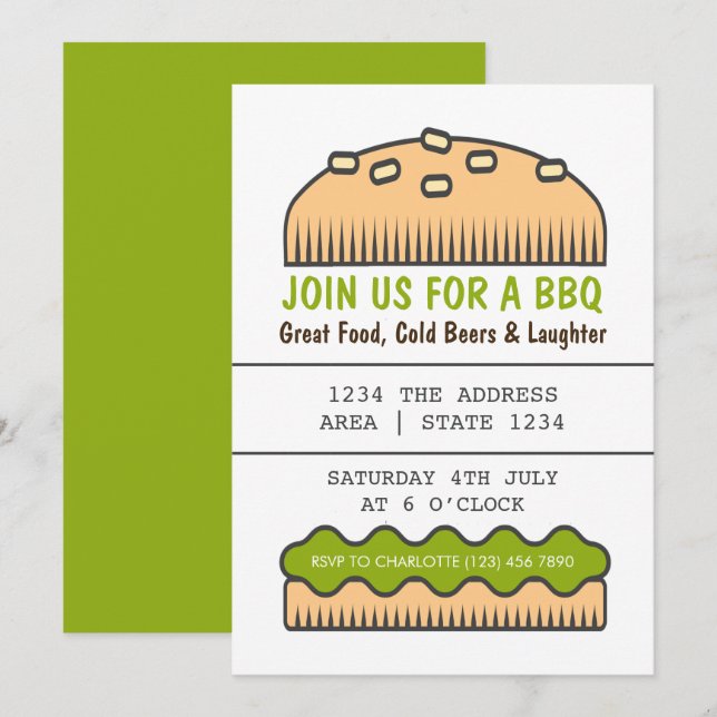 GRILLEN Party Big Burger Bug in Grün Einladung (Vorne/Hinten)