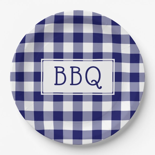 Grillen Party Classic Blue and White Gingham Pappteller (Vorderseite)
