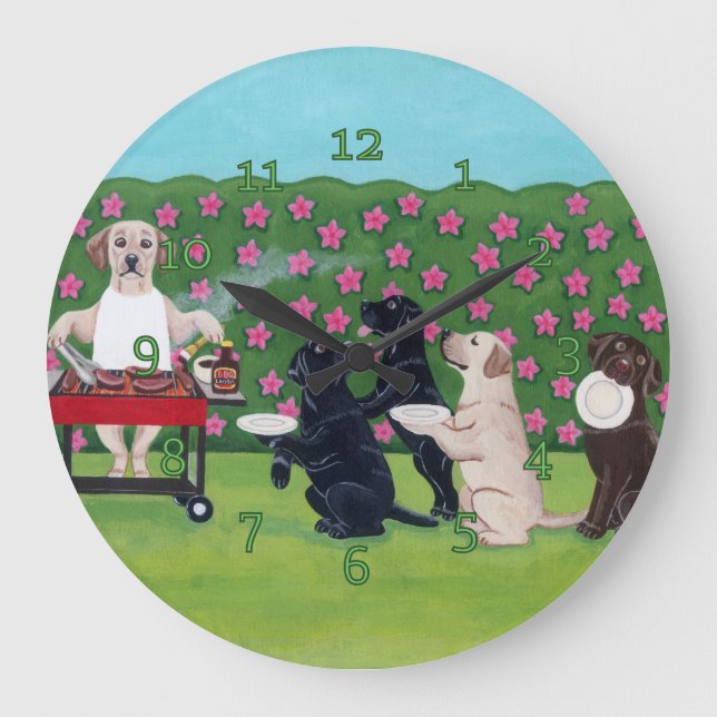 GRILLEN Party Labrador im Azalea Garten Große Wanduhr (Vorderseite)