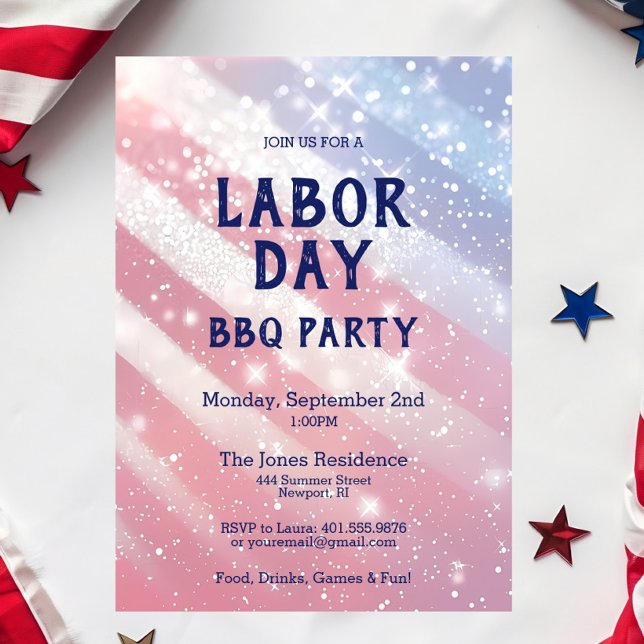 Grillen Party Red White Blue Patriotic Einladung (Labor Day BBQ Party Invitation - Patriotic Summer Cookout in Glitter Red, White & Blue)
