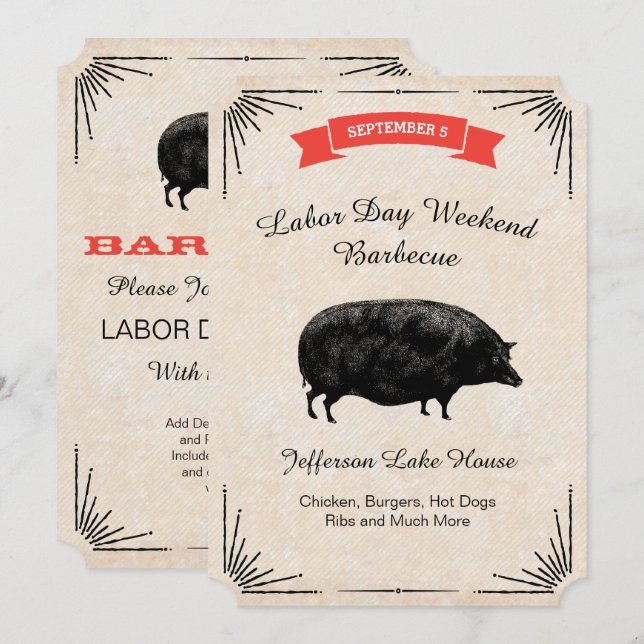 Grillen Picnic Black Vintag Pig Einladung (Vorne/Hinten)