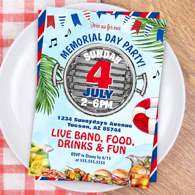 Grillen Pool Party Einladung (Patriotic Red White and Blue Memorial Day 4th of July Birthday Invitation for BBQ Pool Party Invites)