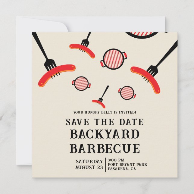 GRILLEN Save the Date Karte mit Grill & Gabel (Vorderseite)