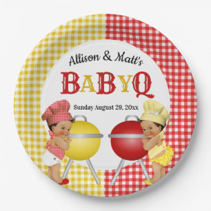 Grillen über das Geschlecht Rot-Gelb-Gingham-Baby  Pappteller
