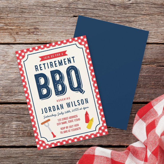 Grillen zu Red Gingham und Blue Retirement Party Einladung (Von Creator hochgeladen)