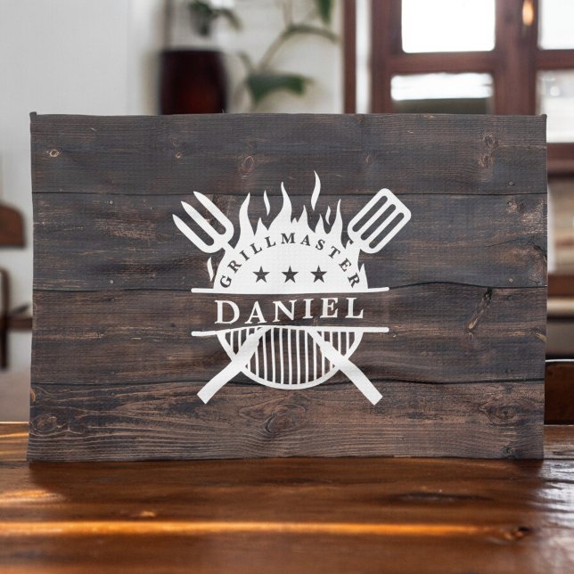 Grillmaster GRILLEN Rustic Dark Wood Print Geschirrtuch (Von Creator hochgeladen)