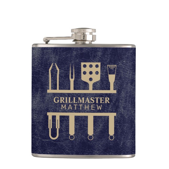 Grillmaster-Name Navy-Lederstruktur Flachmann (Vorderseite)