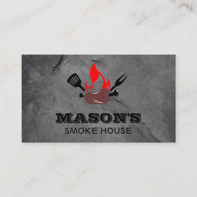 Grillwurst auf Skewer und Flammen Visitenkarte (Vorderseite)