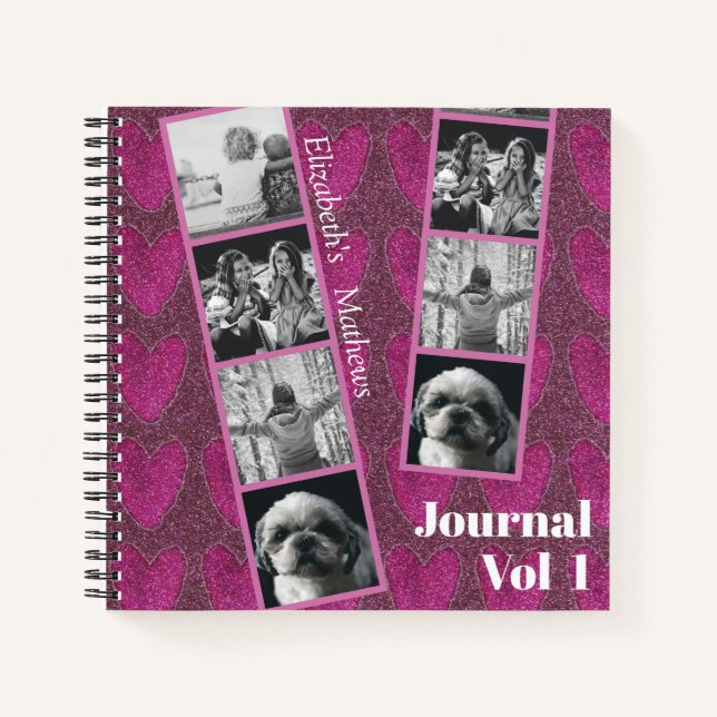 Grily Glitzer Pink Hearts Foto Notebook Notizbuch (Vorderseite)