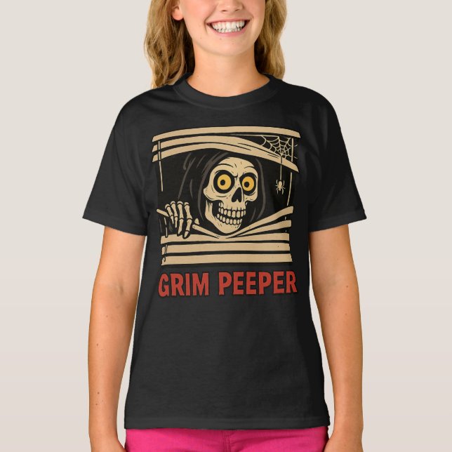 Grim Peeper Funny Skeleton Halloween Pun T-Shirt (Vorderseite)