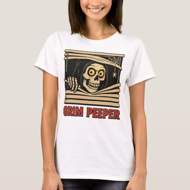 Grim Peeper Funny Skeleton Halloween Pun T-Shirt (Vorderseite)