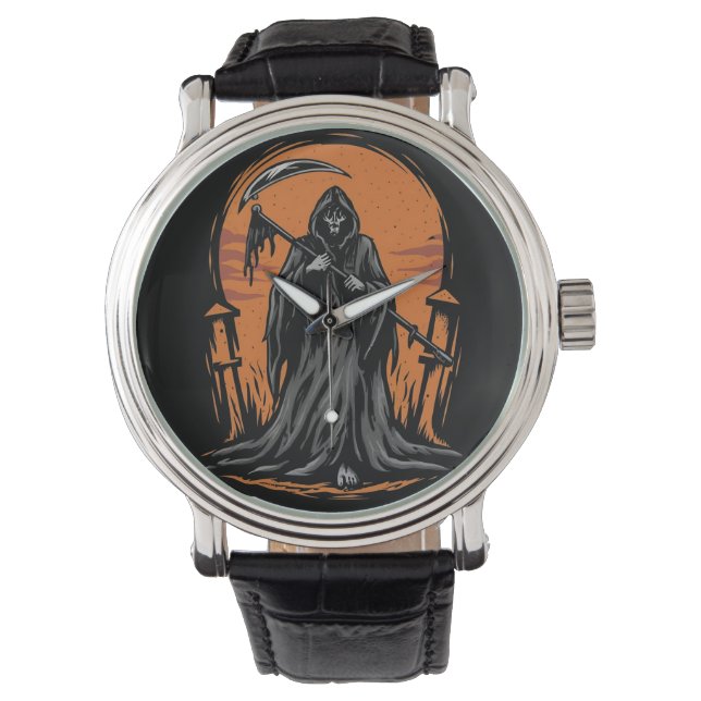 Grim Reaper Cartoon in Sunset Graveyard Armbanduhr (Vorderseite)