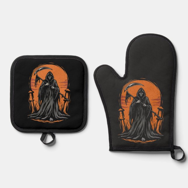 Grim Reaper Cartoon in Sunset Graveyard Ofenhandschuh & Topflappen-Set (Vorderseite)