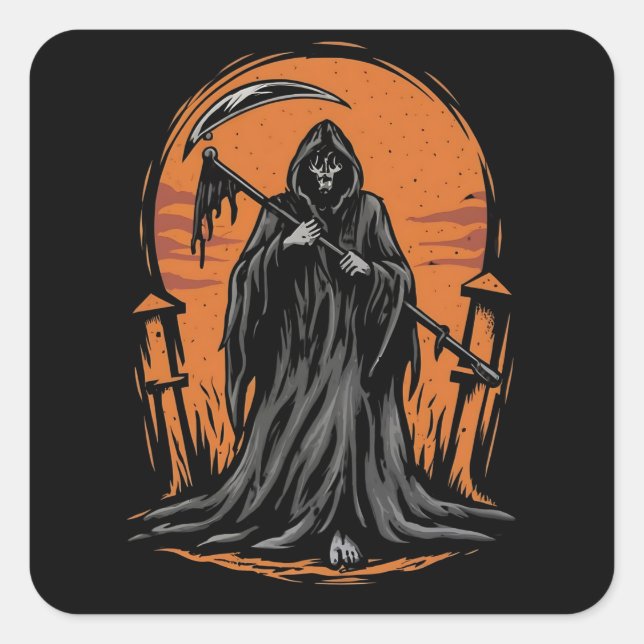 Grim Reaper Cartoon in Sunset Graveyard Quadratischer Aufkleber (Vorderseite)