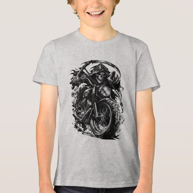 Grim Reaper Motorradfahrer Illustration Tri-Blend Shirt (Vorderseite)