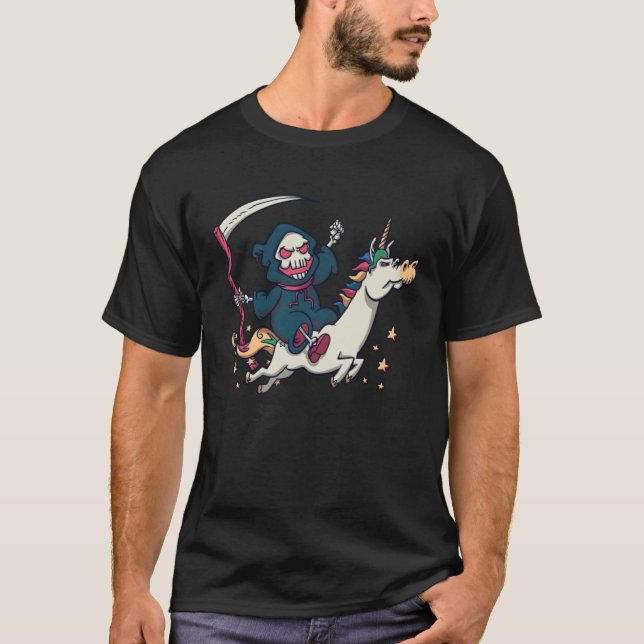 Grim Reaper Riding On A Unicorn Halloween T-Shirt (Vorderseite)